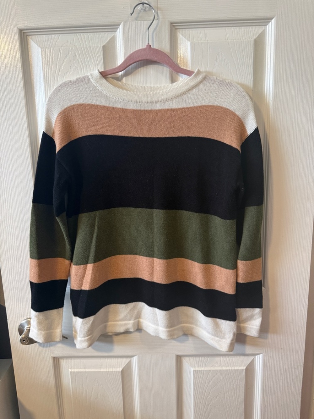 Striped Crewneck Sweater in Black, Olive, Peach & Cream